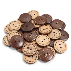 Natural round coconut shell buttons with two holes and engraved dotted edges for shirts