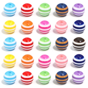 Colorful 20mm striped resin barrel beads in a neat 25-piece grid for DIY jewelry