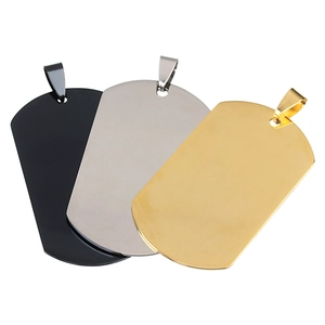 Polished stainless steel dog tag pendants in black, gold, and silver finishes