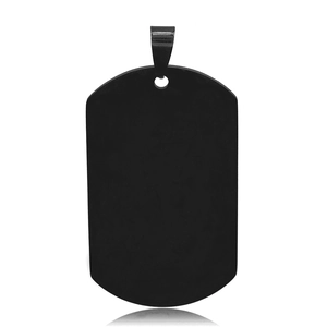 Detailed view of matte black stainless steel dog tag pendant with mirror reflection
