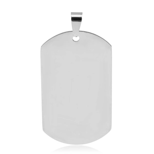 Close-up of a polished stainless steel blank dog tag pendant with a smooth mirror finish