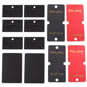 Black and red matte jewelry display cards for earrings and necklaces with gold foil text