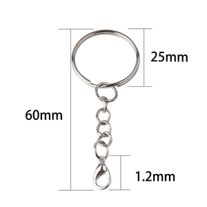 Polished silver metal keychain accessory showing 60mm length and 25mm ring diameter