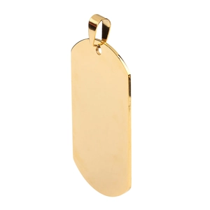 Close-up of polished gold rectangle stainless steel pendant with mirror finish and bail