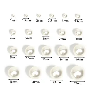 Size comparison chart for high-gloss white ABS faux pearls ranging from 1mm to 25mm