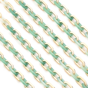 Detailed macro view of mint green resin links paired with polished gold metal chain loops