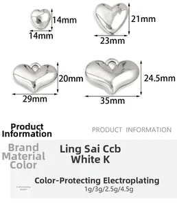 Detailed size chart for CCB heart pendants with four dimensions and plating info