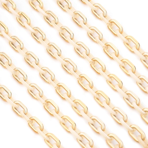 Detail of two-tone acrylic necklace chain with gold metal links and cream resin rings