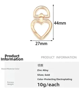 Detailed technical specifications for golden zinc alloy heart-shaped swivel lobster clasp