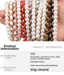 Detail of camellia pearl strap featuring PU leather, aluminum chain and alloy clasp