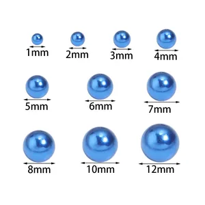 Size chart for glossy blue round craft beads showing diameters from 1mm up to 12mm