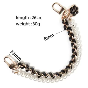 Fashion pearl and leather strap with camellia flower charm and gold lobster clasps
