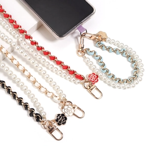Leather woven metal phone strap with pearl beads and camellia charms in three colors