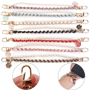 Elegant Camellia Artificial Pearl Bag Chain Extension Double Layer Leather Woven Metal Chain Phone Lanyard For Women Handbag Decor