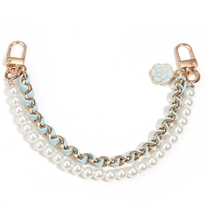 Blue leather woven chain with white pearls and camellia charm for handbags and phones