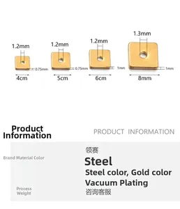 Size chart for square stainless steel spacer beads with hole and thickness details