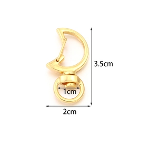 Detailed view of moon-shaped gold plated zinc alloy lobster clasp with dimensions