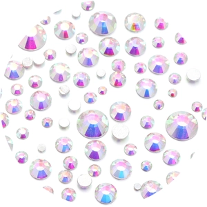 Macro detail of mixed size AB rainbow flatback glass rhinestones for nail art and DIY decor