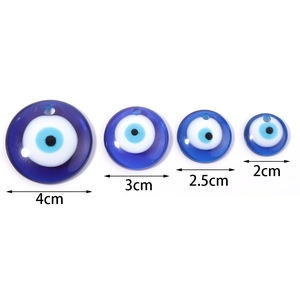 Flat round blue glass Evil Eye pendants in four sizes 4cm to 2cm with hanging holes