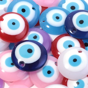 Flat round evil eye charm beads with holes for DIY jewelry making in assorted colors