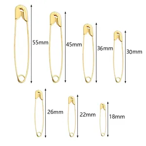 Size chart showing 7 sizes of gold iron safety pins from 18mm to 55mm in length