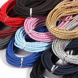 Close-up of colorful 3mm braided PU leather cords with metal clasps for DIY jewelry making