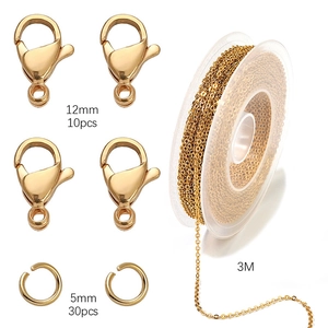 Golden stainless steel jewelry DIY set with lobster clasps, jump rings and 3m chain roll