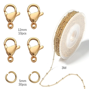 Detail of 12mm lobster clasps, 5mm jump rings, and 3m golden satellite chain for DIY jewelry