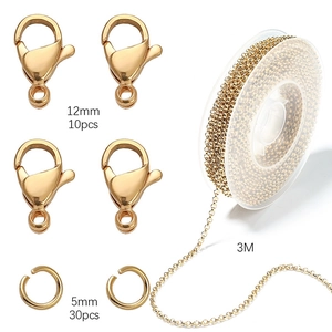 DIY jewelry making kit with 12mm lobster clasps, 5mm jump rings, and 3M gold chain links