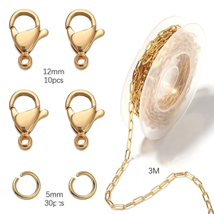 DIY jewelry kit with 3m gold lobster clasps and jump rings in polished stainless steel
