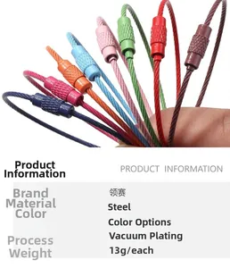 Macro detail of colorful gold-plated stainless steel wire keychains with screw lock mechanism