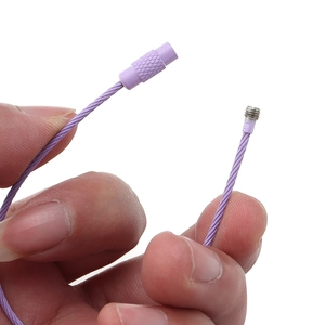 Close-up of purple braided steel wire keychain with a secure screw clasp connector