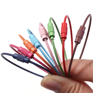 Close-up of vibrant multi-color coated stainless steel wire keychains with screw locks