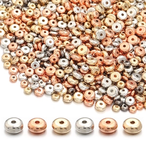 Macro shot of flat round CCB spacer beads in silver, gold, and rose gold finishes