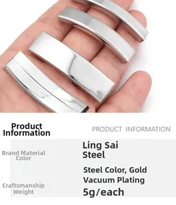 Macro detail of curved stainless steel tube clasp for leather cord bracelets in gold and silver