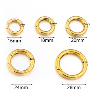 Detailed size chart showing round spring ring clasp dimensions from 16mm to 28mm