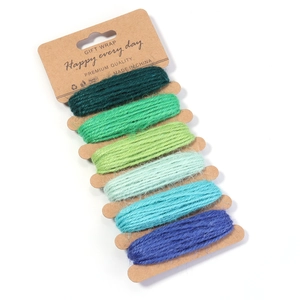 Detail of 6-color green and blue gradient 2mm jute twine set on gift wrap cards