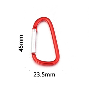 Macro view of red D-ring aluminum carabiner with dimensions 45mm by 23.5mm