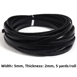Detailed view of 5mm wide black genuine leather flat cord for DIY accessories and crafts