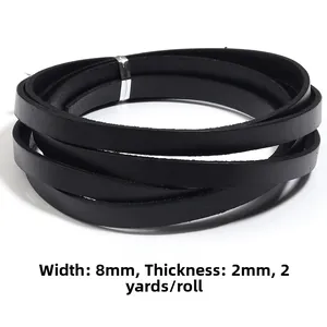 Close-up of 8mm wide flat black genuine leather cord roll for DIY crafts and jewelry