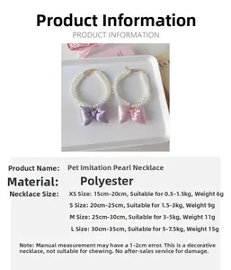 Size chart for pet pearl necklace with bow ties detailing lengths and weight recommendations
