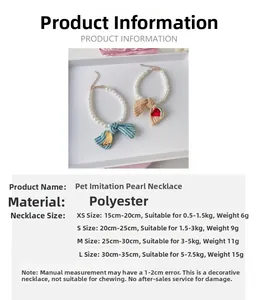 Size chart for pet pearl necklace showing adjustable lengths and embroidery details