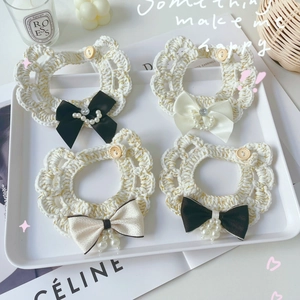 Elegant pet collar with crochet camellia, pearls and bow accents in four vintage styles