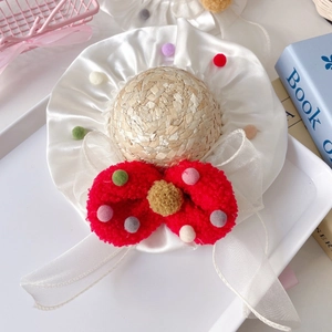 Sweet pet straw hat with red bow, colorful pom poms and white lace brim for cats and dogs