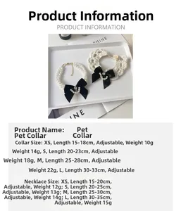 Size chart for pet camellia pearl necklace and bow collar showing lengths and weights