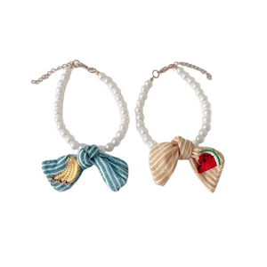 Cute pet pearl necklaces with striped bows featuring banana and watermelon embroidery