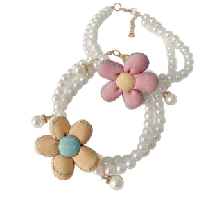Double-layer pet pearl necklace with pink and yellow fabric flowers and gold lobster clasp