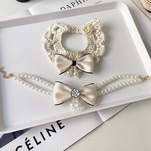 Elegant pet pearl necklace with camellia flower and bow for luxury dog and cat styling