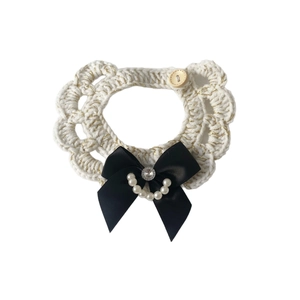 Handcrafted crochet pet collar with black satin bow and pearl camellia charm detail