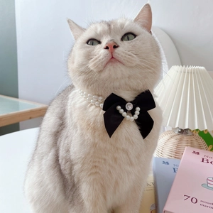 Collana di perle a doppia fila per animali con grande fiocco nero e cuore di strass